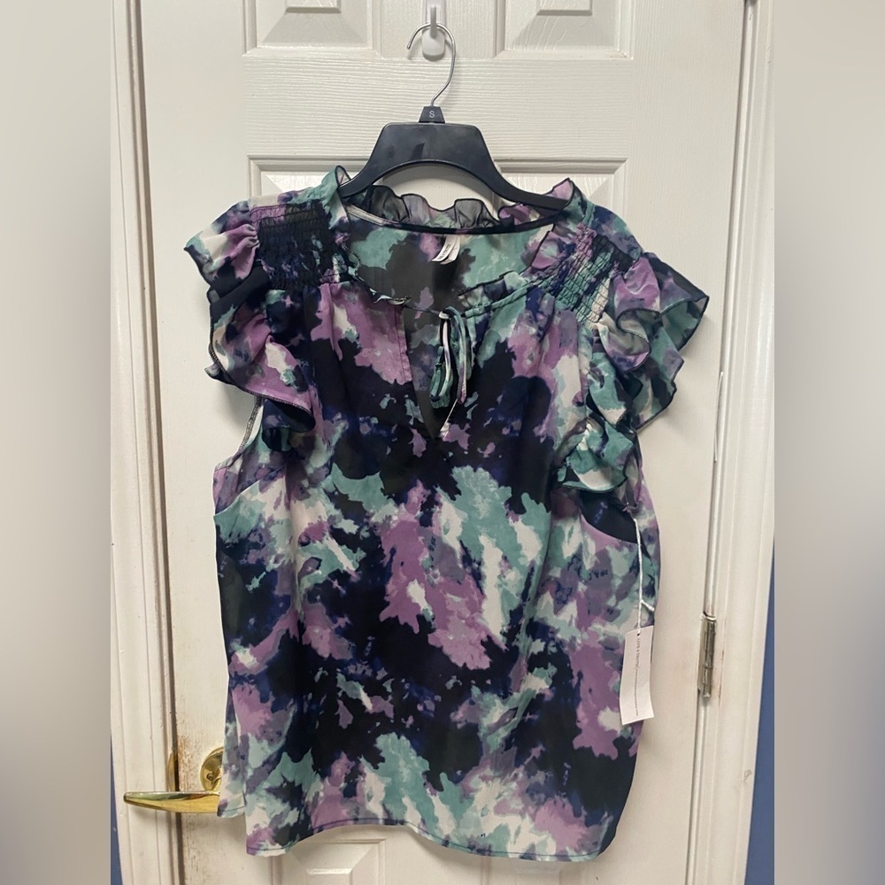 Womens Live 4 Truth Multi Color Blouse Ruffle Neck & Sleeves Sheer 2X